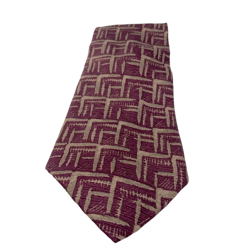 Calvin Klein Men’s Necktie Burgundy with Ashy Tan Abstract Design.